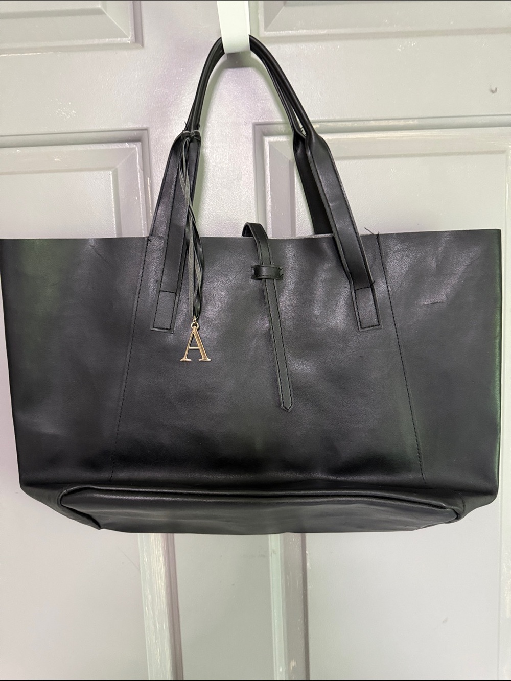 Saks Fifth Avenue Black Leather Tote with Gold Initial Charm